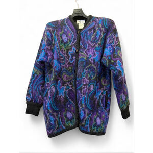 Women's Career Fashion Cardigan M Purple Blue Paisley Wool Blend